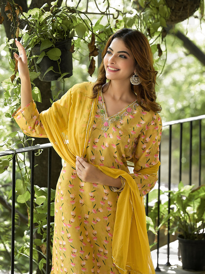 Yellow-Muslin-Floral-Printed-Bead-Work-3-Piece-Kurta-Set