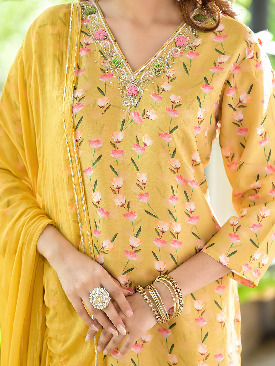 Yellow-Muslin-Floral-Printed-Bead-Work-3-Piece-Kurta-Set