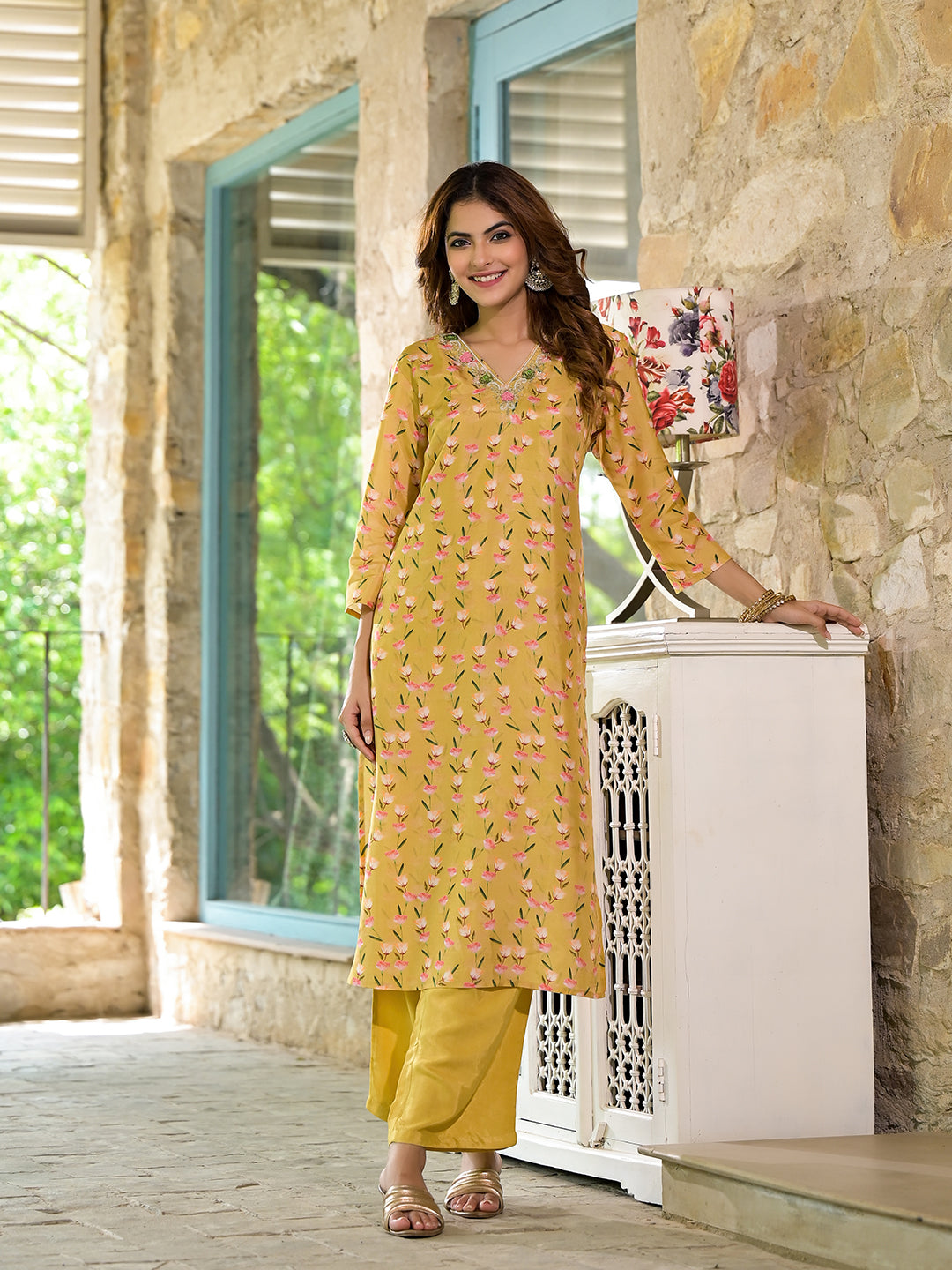 Yellow-Muslin-Floral-Printed-Bead-Work-3-Piece-Kurta-Set