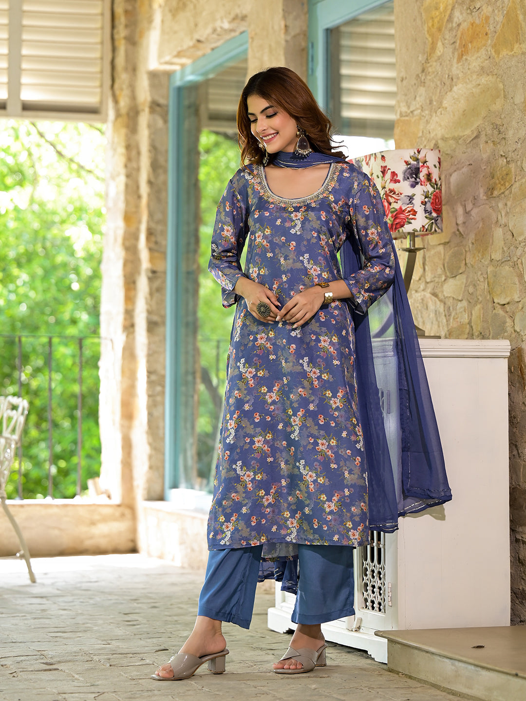 Blue-Muslin-Bead-&-Stone-Work-Embroidered-3-Piece-Kurta-Set