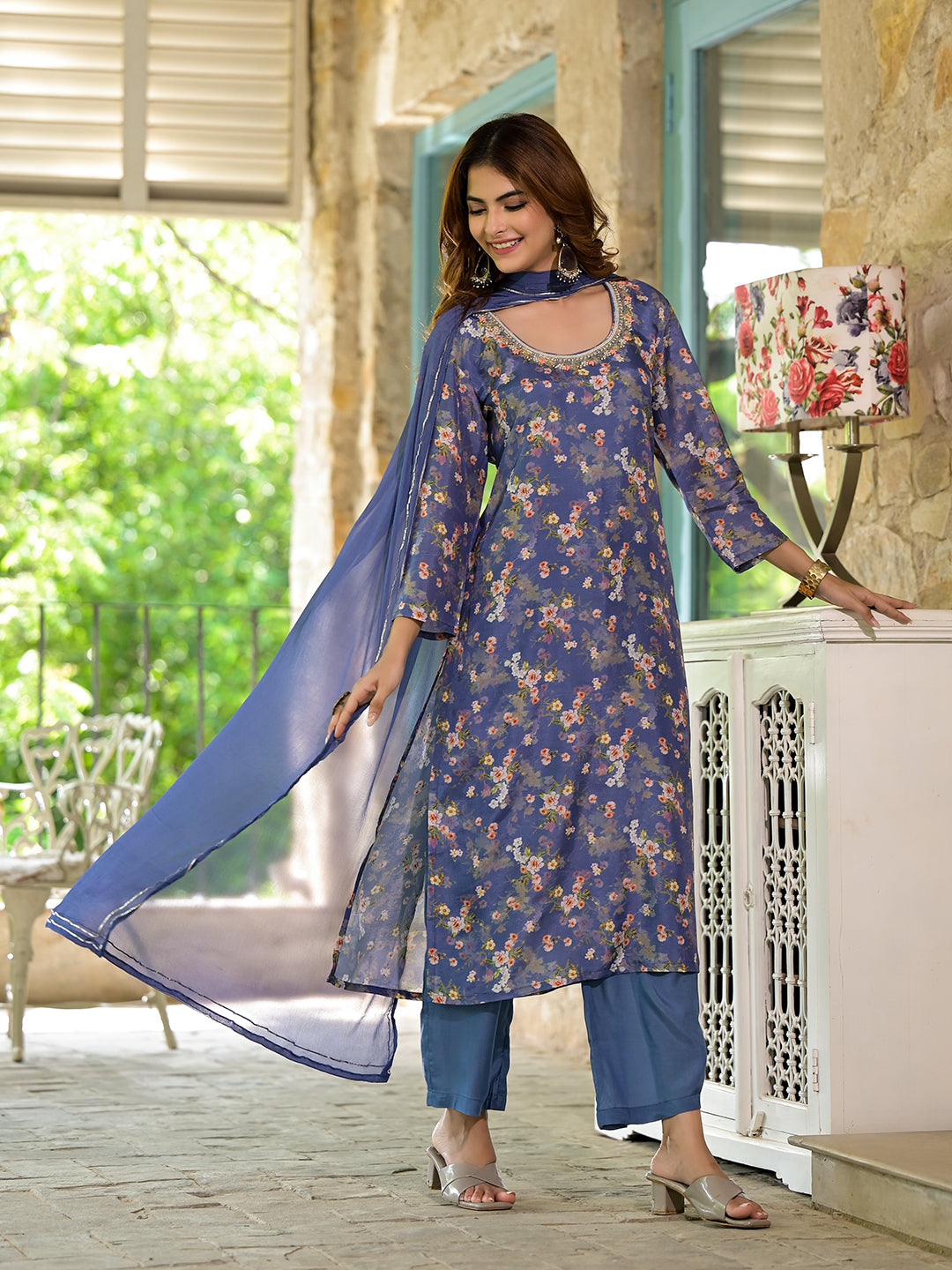 Blue-Muslin-Bead-&-Stone-Work-Embroidered-3-Piece-Kurta-Set