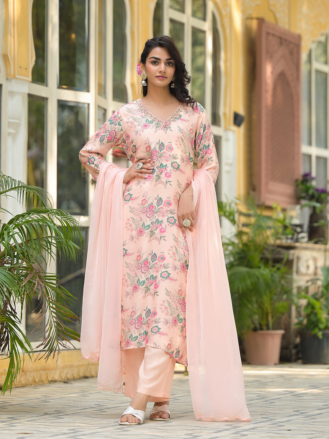 Peach-Muslin-Floral-Print-Straight-3-Piece-Kurta-Set