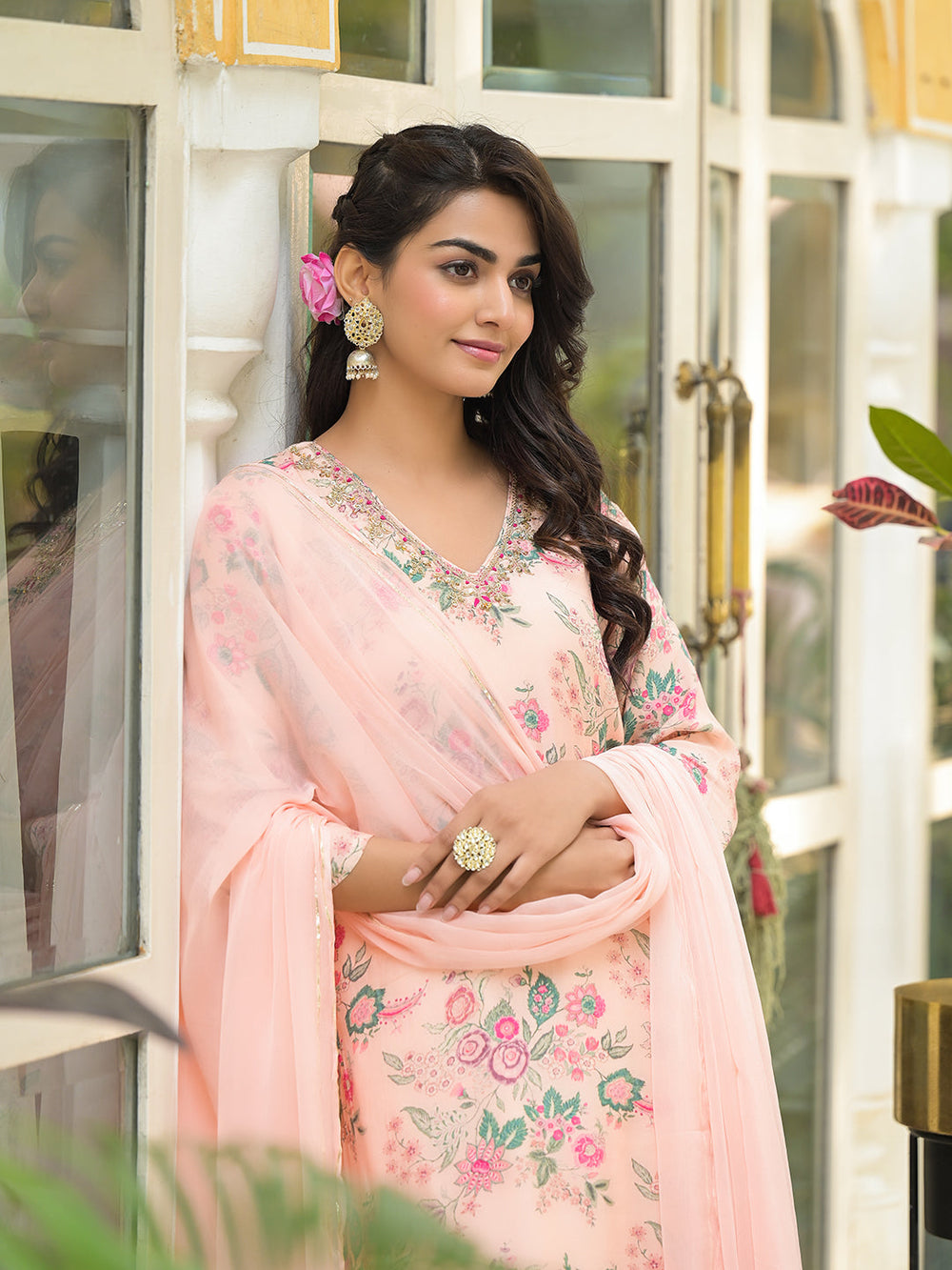 Peach-Muslin-Floral-Print-Straight-3-Piece-Kurta-Set