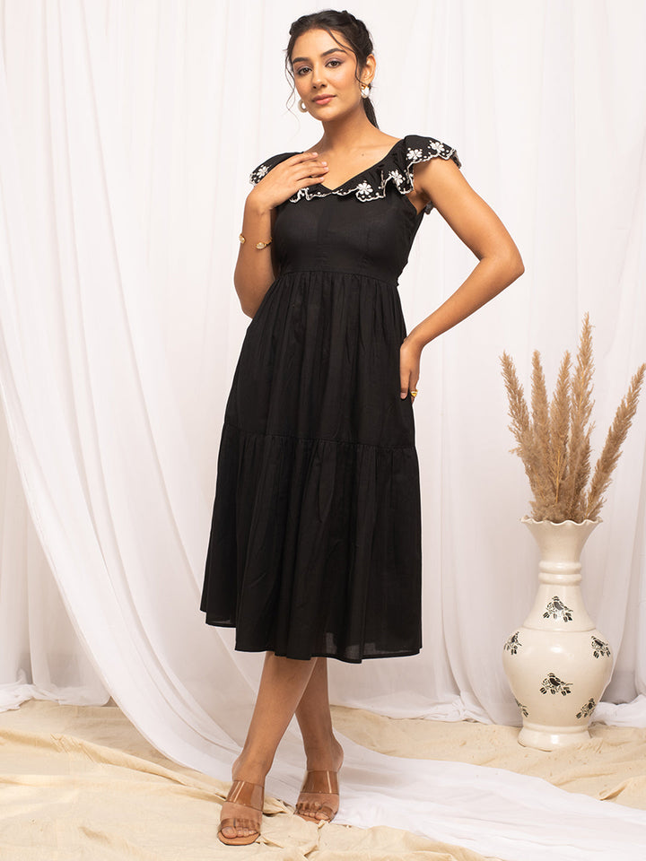 Balck-Cotton-Solid-Skater-Midi-Dress