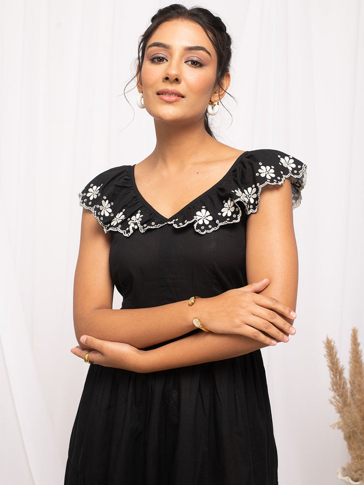 Balck-Cotton-Solid-Skater-Midi-Dress