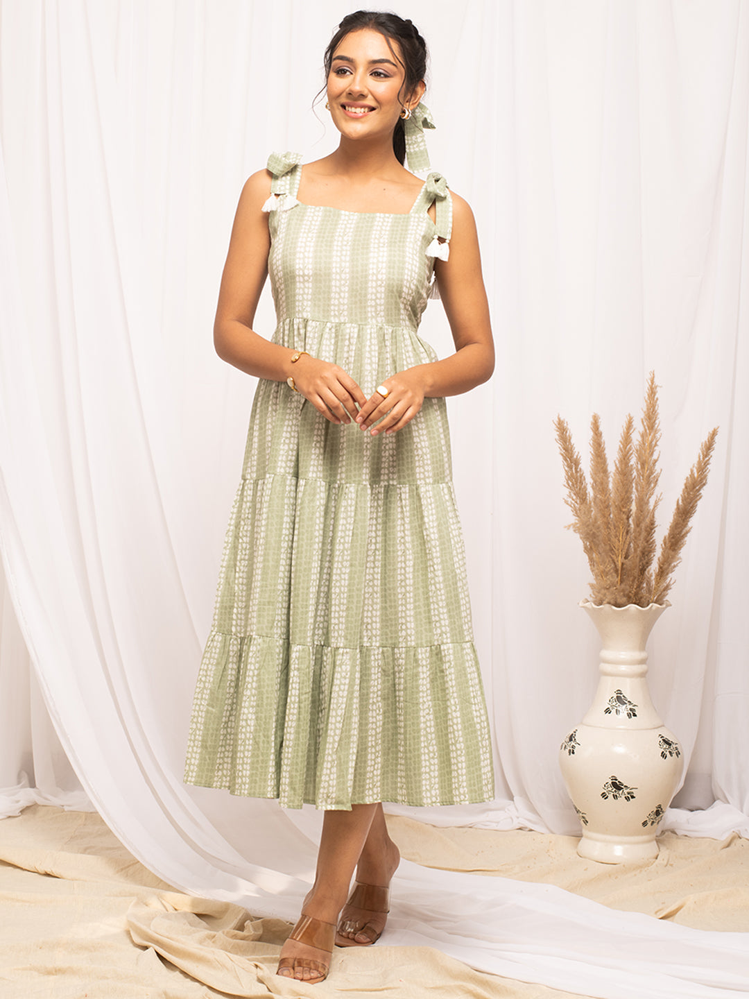 Green-Cotton-Floral-Print-Sleeveless-Skater-Midi-Dress