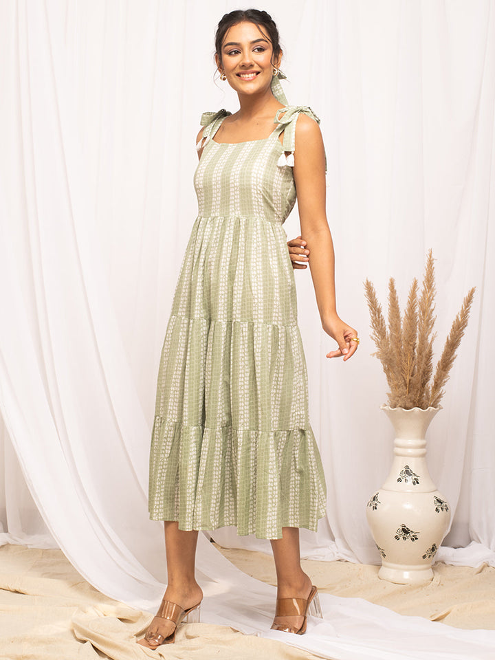 Green-Cotton-Floral-Print-Sleeveless-Skater-Midi-Dress
