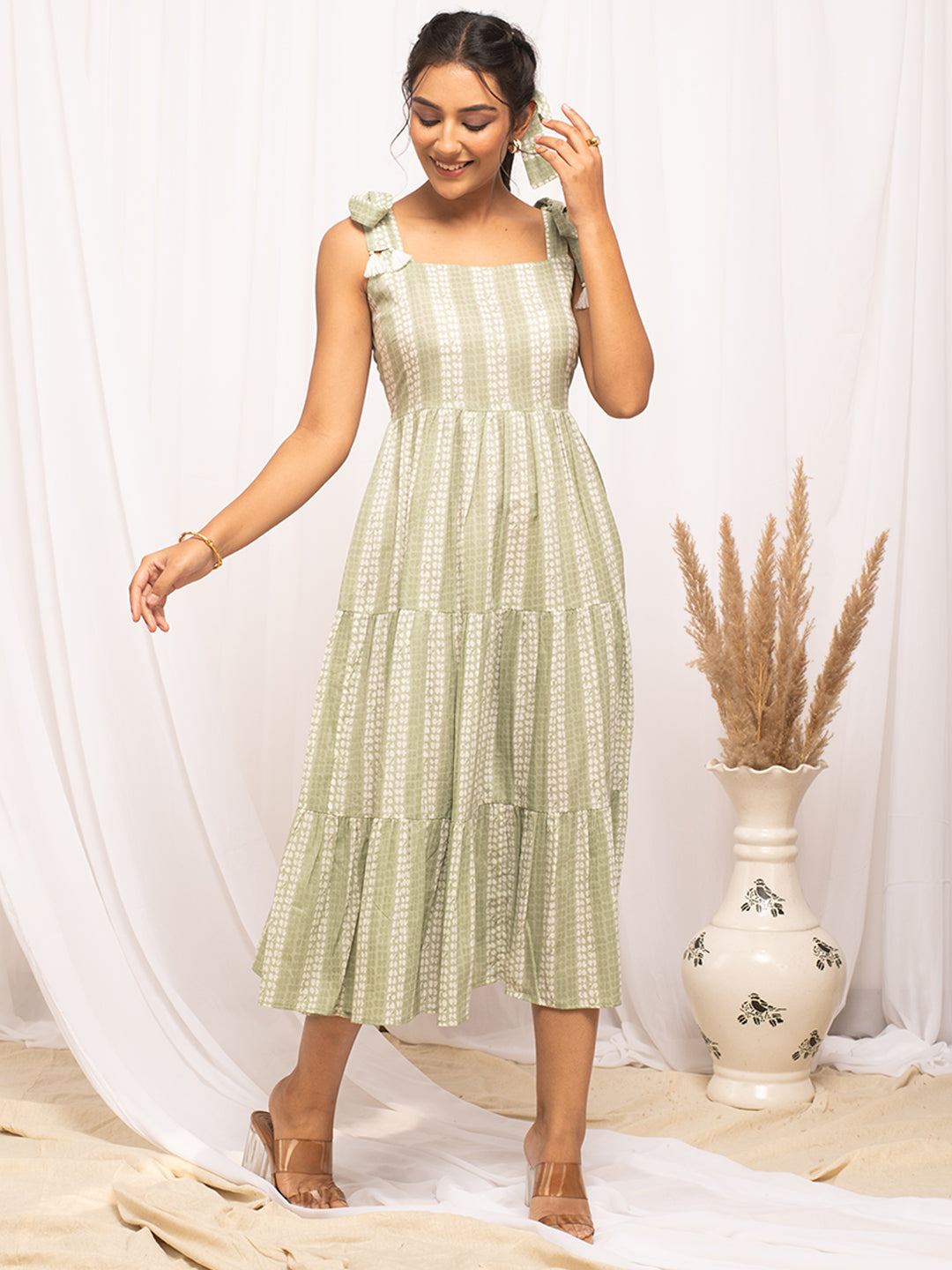 Green-Cotton-Floral-Print-Sleeveless-Skater-Midi-Dress