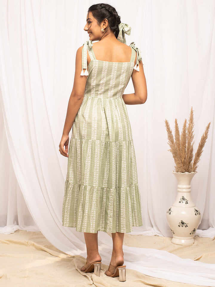 Green-Cotton-Floral-Print-Sleeveless-Skater-Midi-Dress