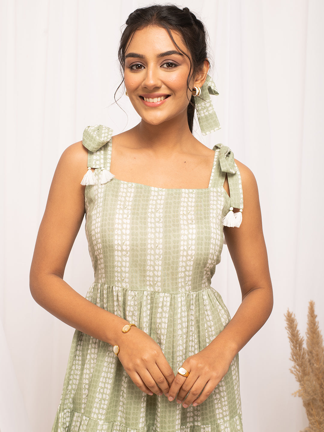 Green-Cotton-Floral-Print-Sleeveless-Skater-Midi-Dress