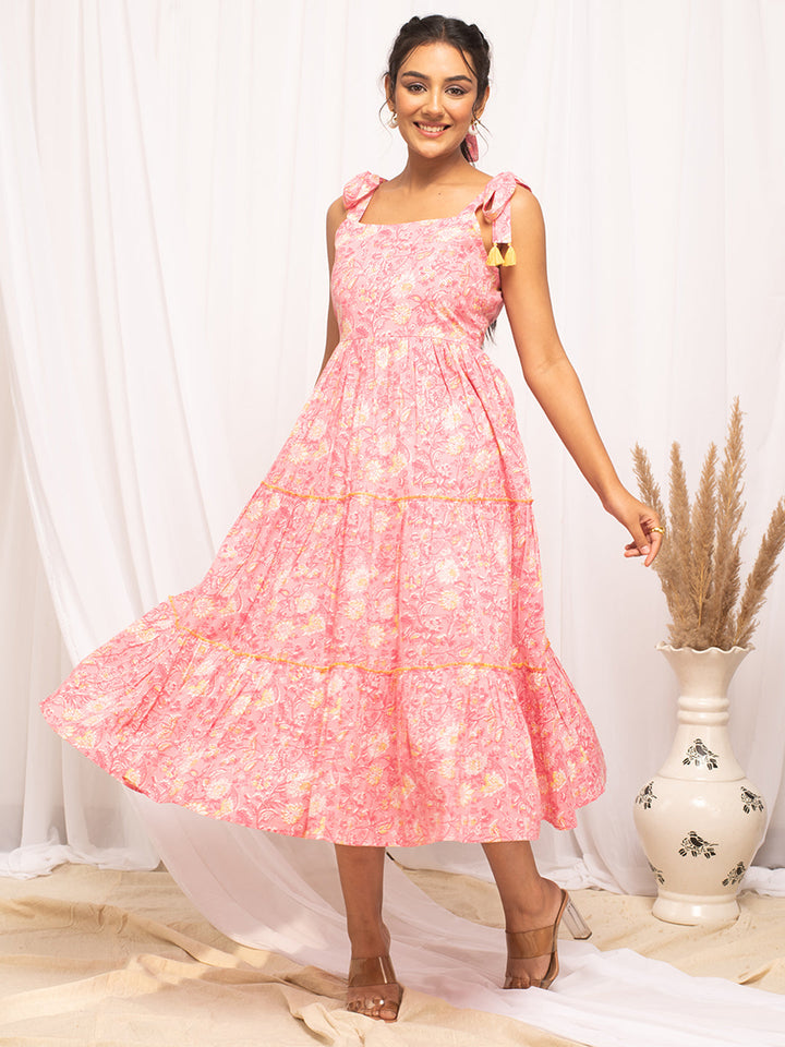 Peach-Pink-Cotton-Floral-Printed-Midi-Dress
