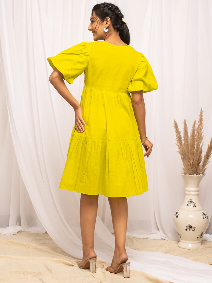 Lemon-Yellow-Cotton-Solid-Skater-Midi-Dress