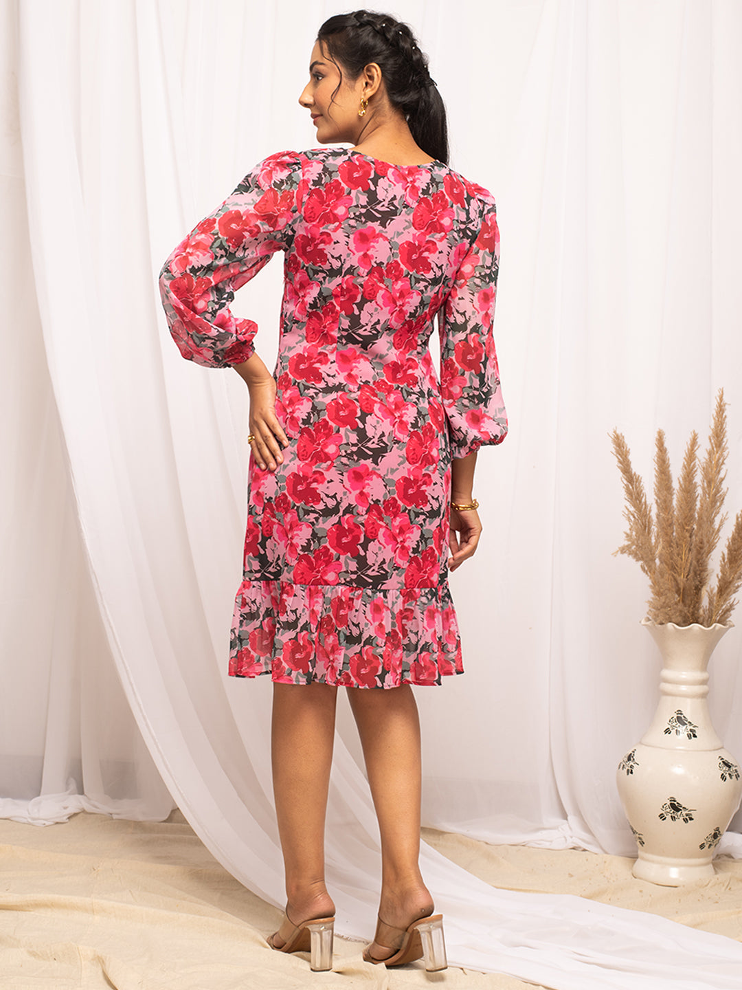 Red-Georgette-Floral-Printed-Midi-Dress
