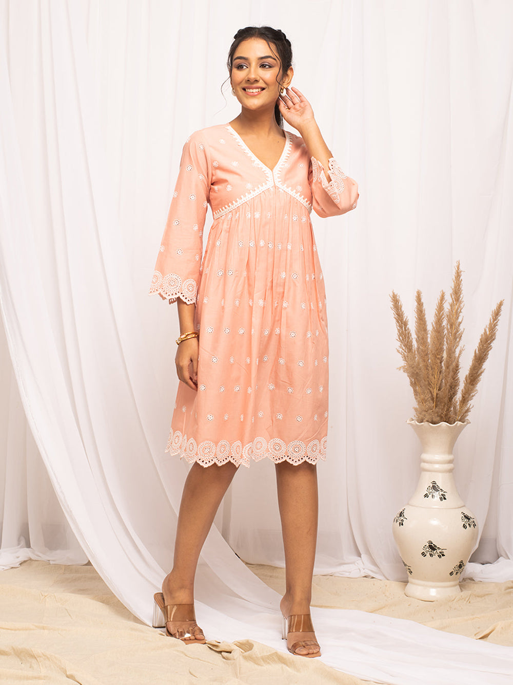 Peach-Cotton-Schiffli-Skater-Dress