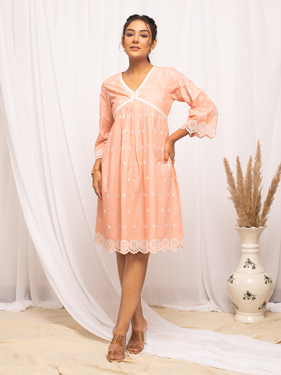 Peach-Cotton-Schiffli-Skater-Dress