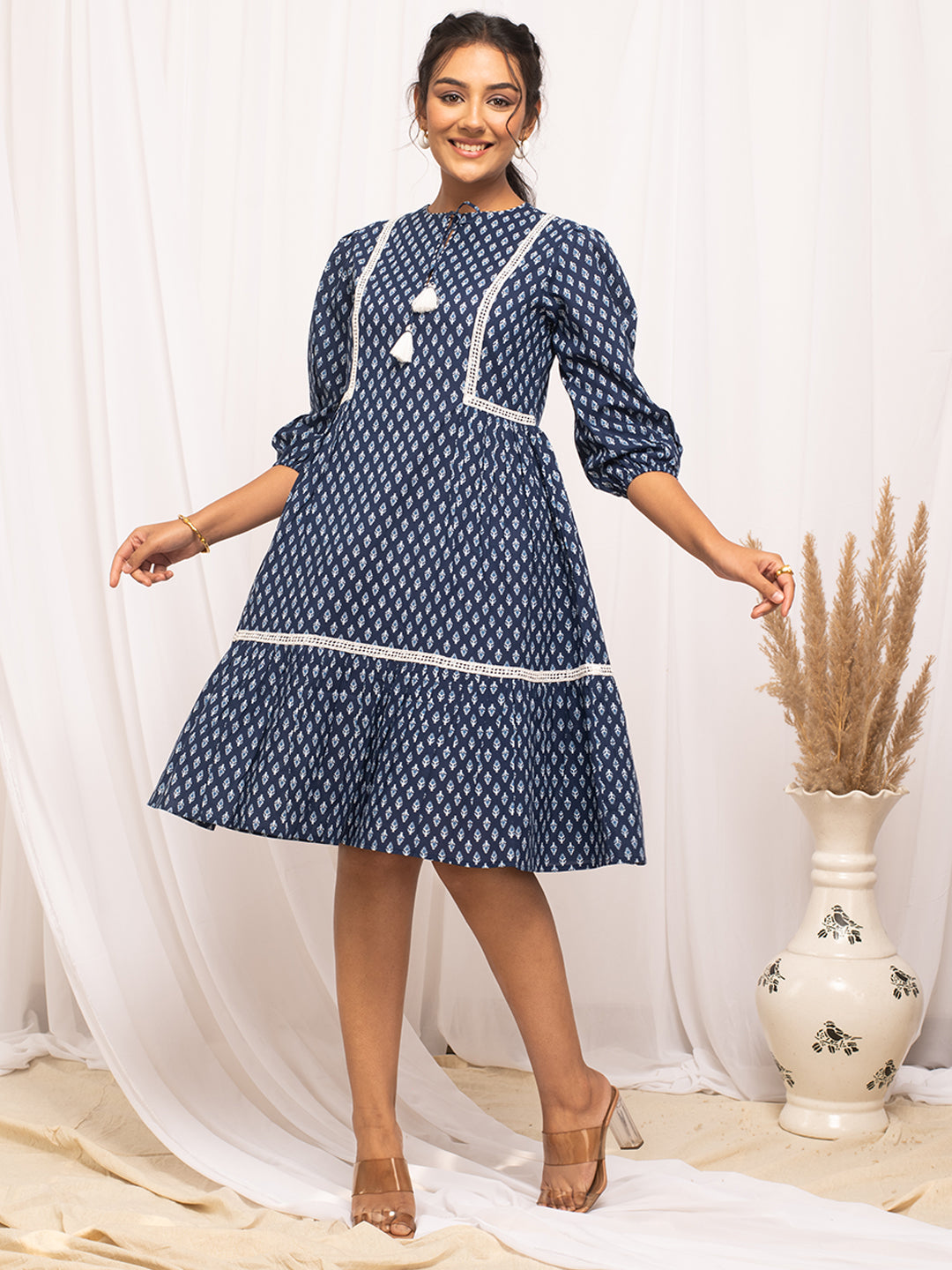 Blue-Cotton-Floral-Printed-Midi-Dress