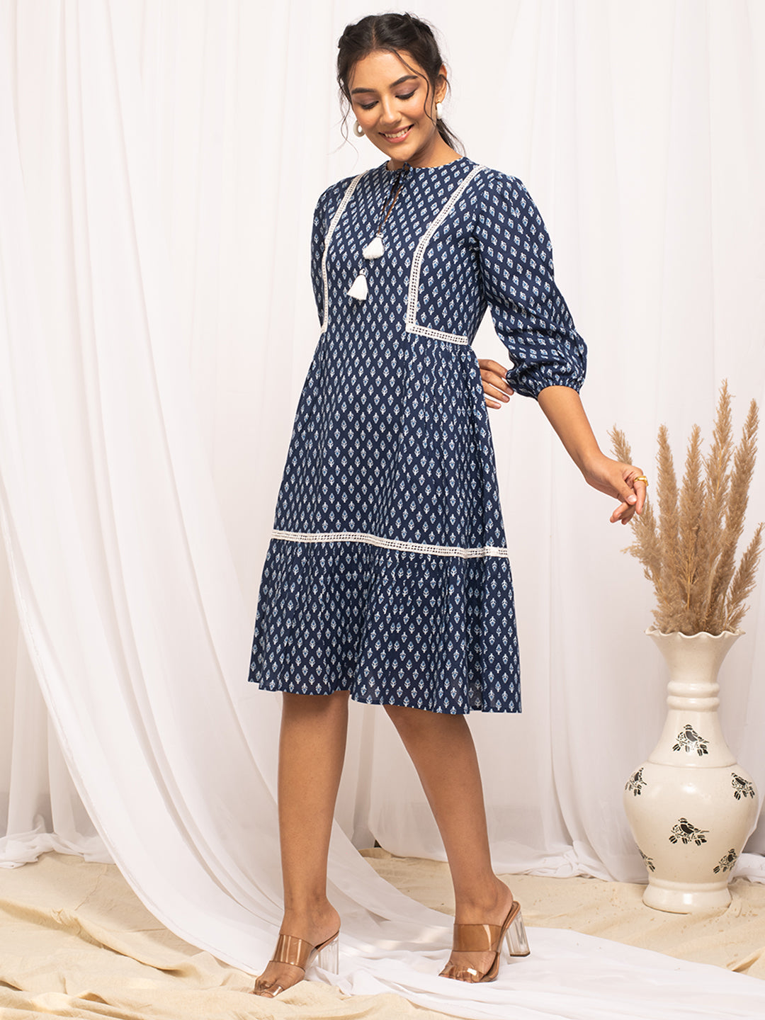 Blue-Cotton-Floral-Printed-Midi-Dress