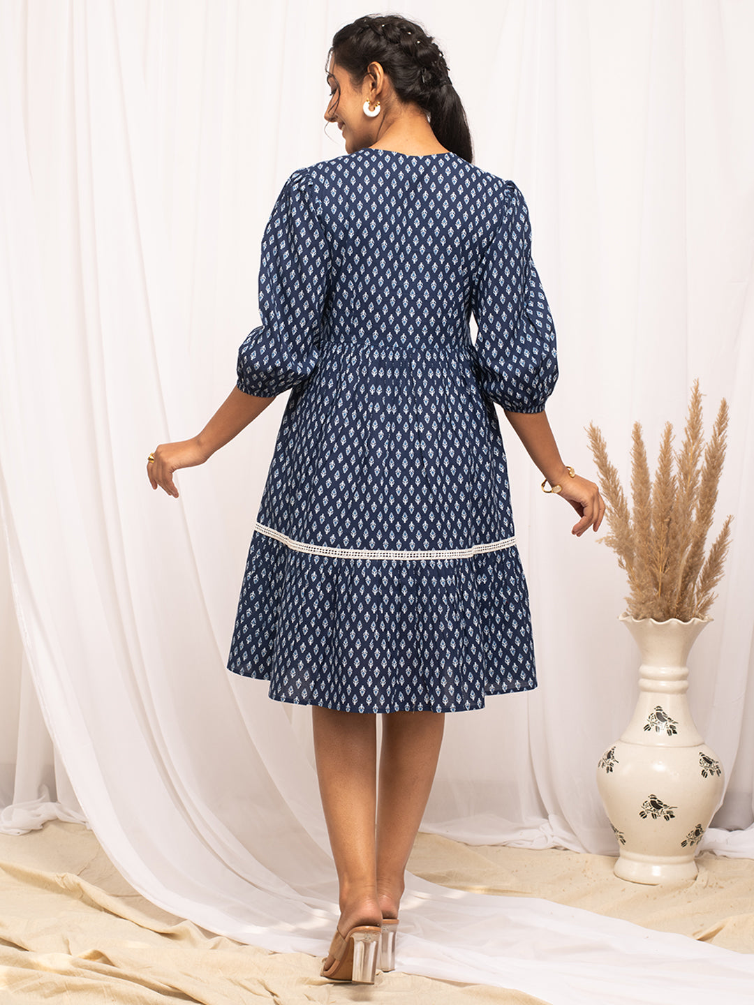 Blue-Cotton-Floral-Printed-Midi-Dress