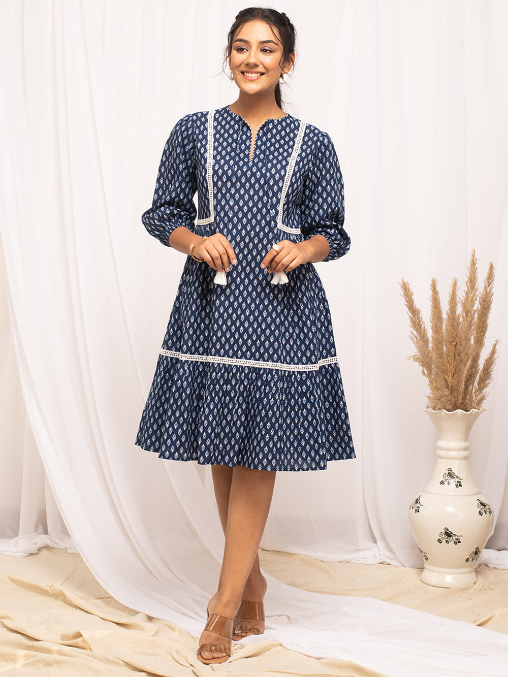 Blue-Cotton-Floral-Printed-Midi-Dress
