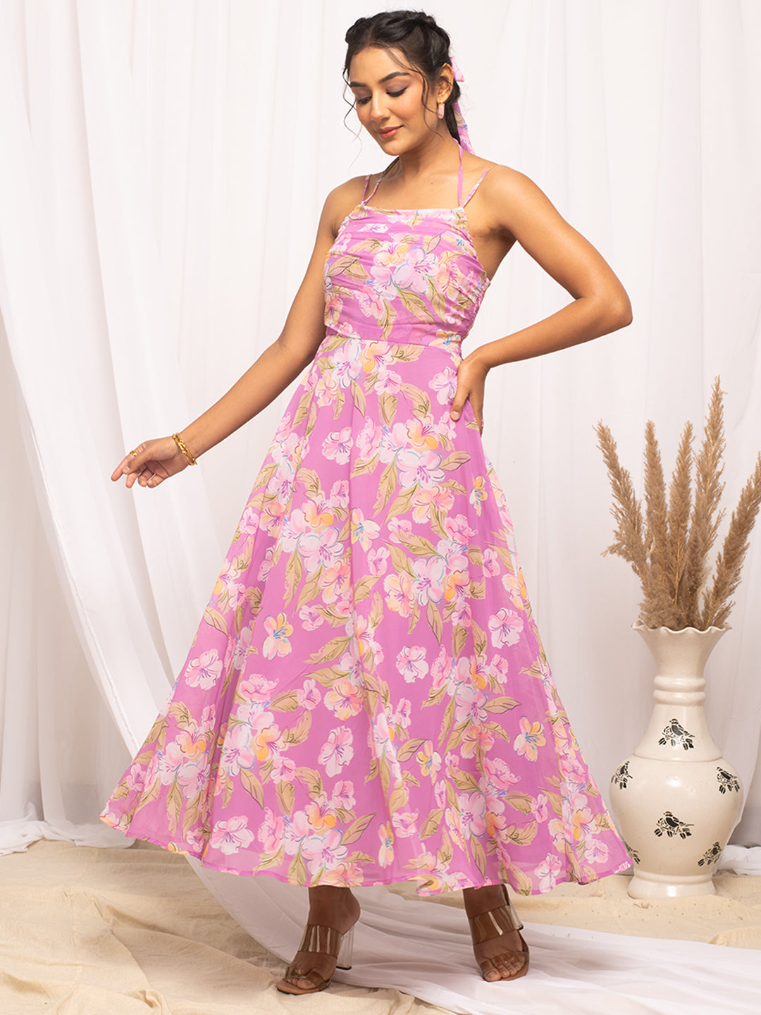 Light-Pink-Georgette-Floral-Printed-Dress