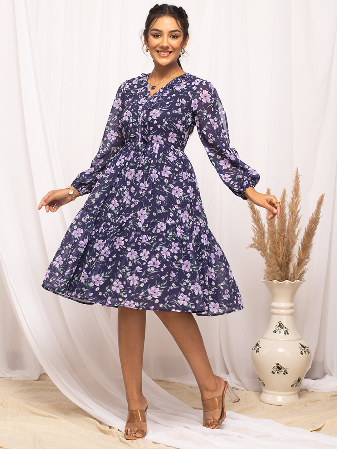 Blue-Georgette-Floral-Printed-Midi-Dress