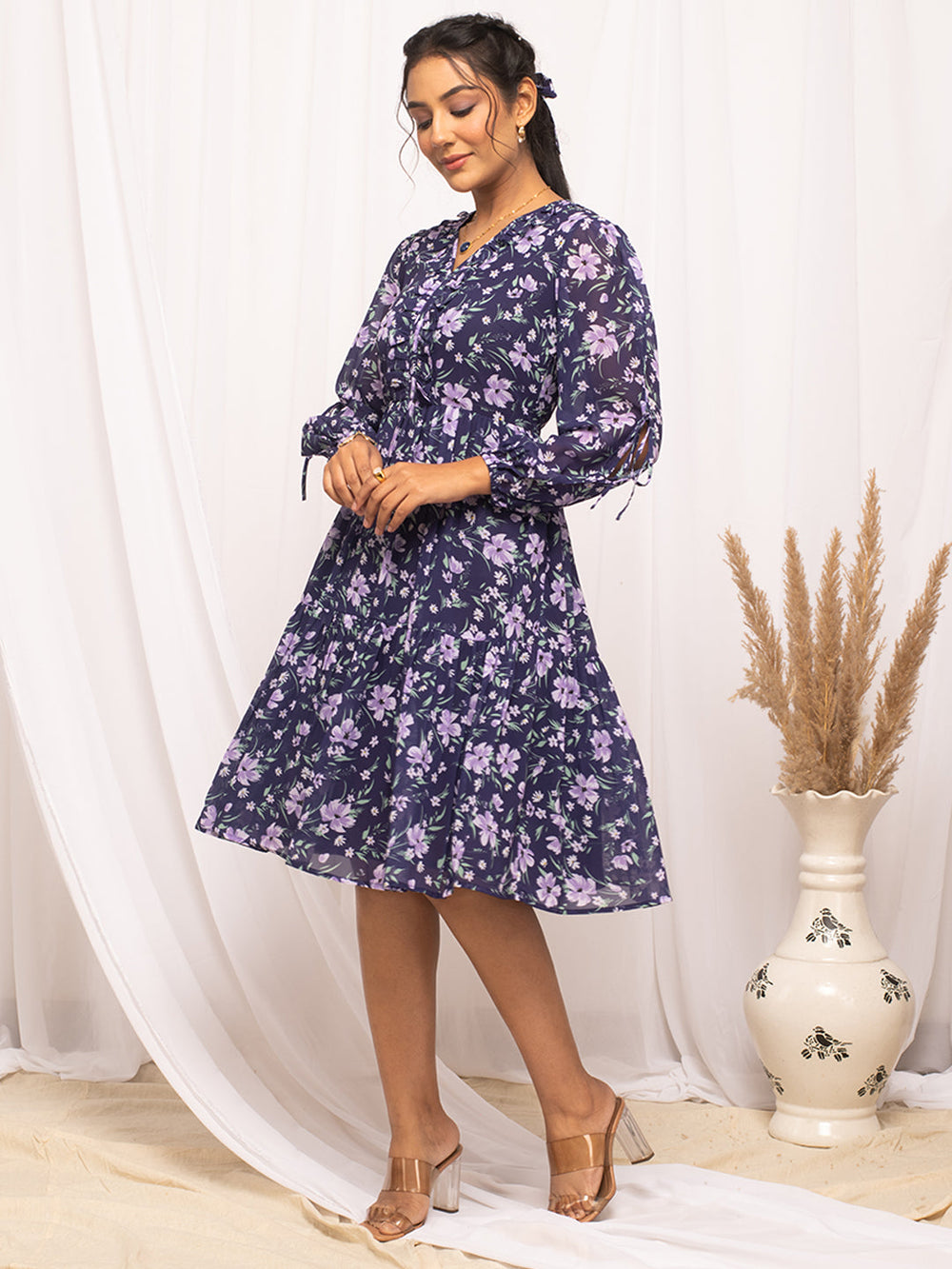 Blue-Georgette-Floral-Printed-Midi-Dress