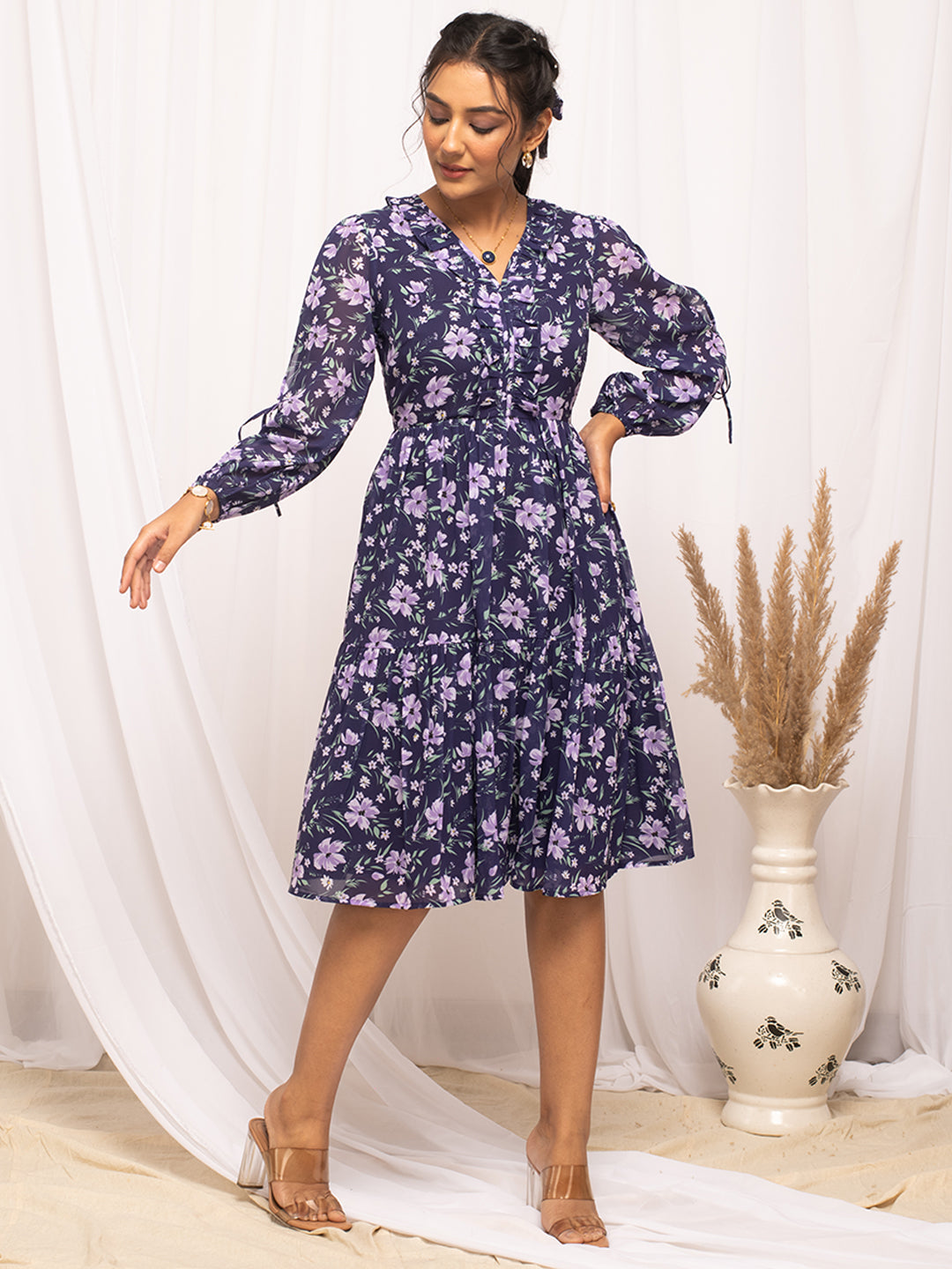 Blue-Georgette-Floral-Printed-Midi-Dress