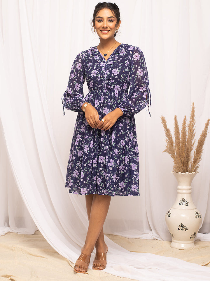 Blue-Georgette-Floral-Printed-Midi-Dress