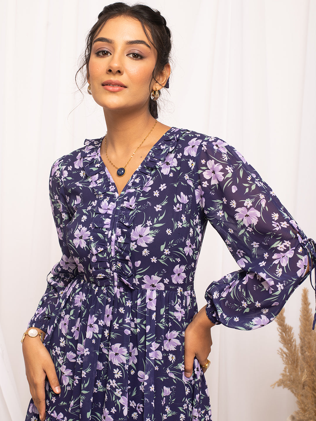 Blue-Georgette-Floral-Printed-Midi-Dress