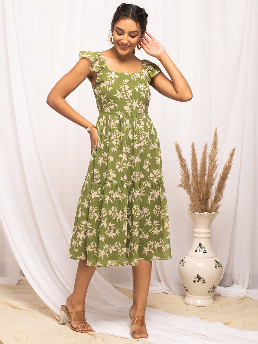 Mehandi-Green-Georgette-Floral-Printed-Dress