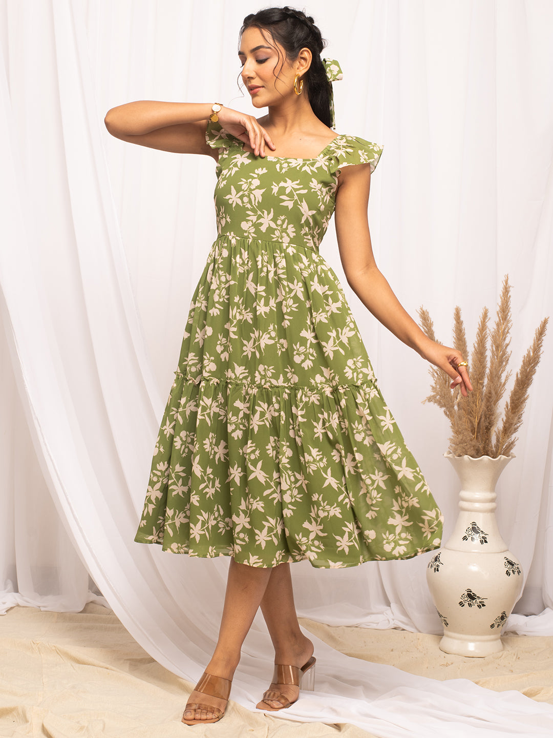 Mehandi-Green-Georgette-Floral-Printed-Dress