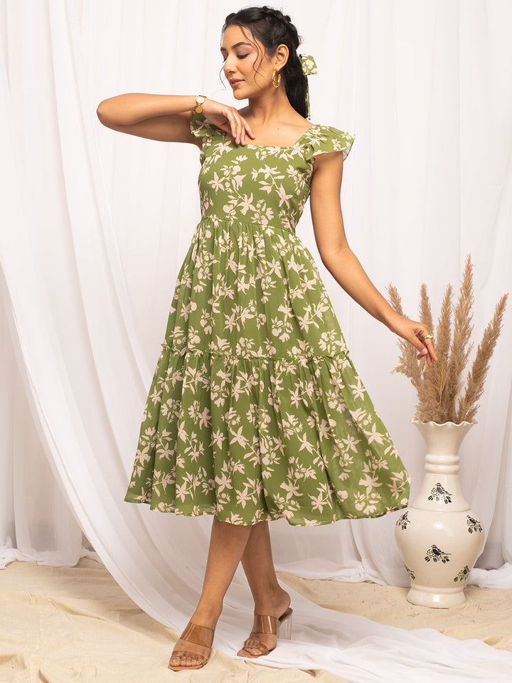 Mehandi-Green-Georgette-Floral-Printed-Dress