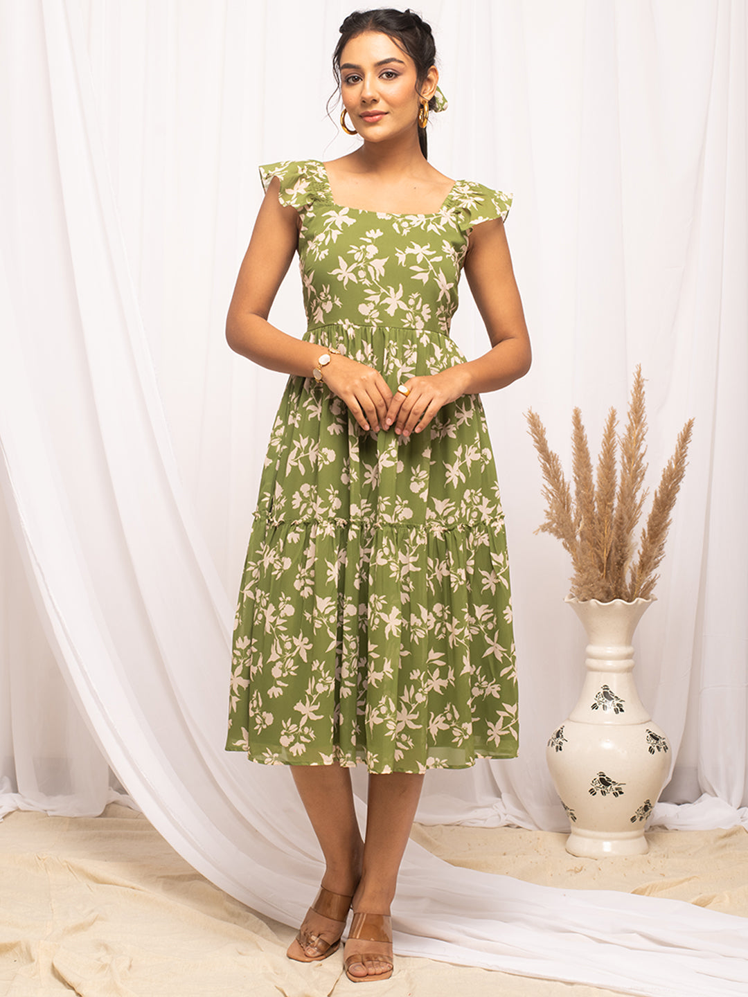 Mehandi-Green-Georgette-Floral-Printed-Dress