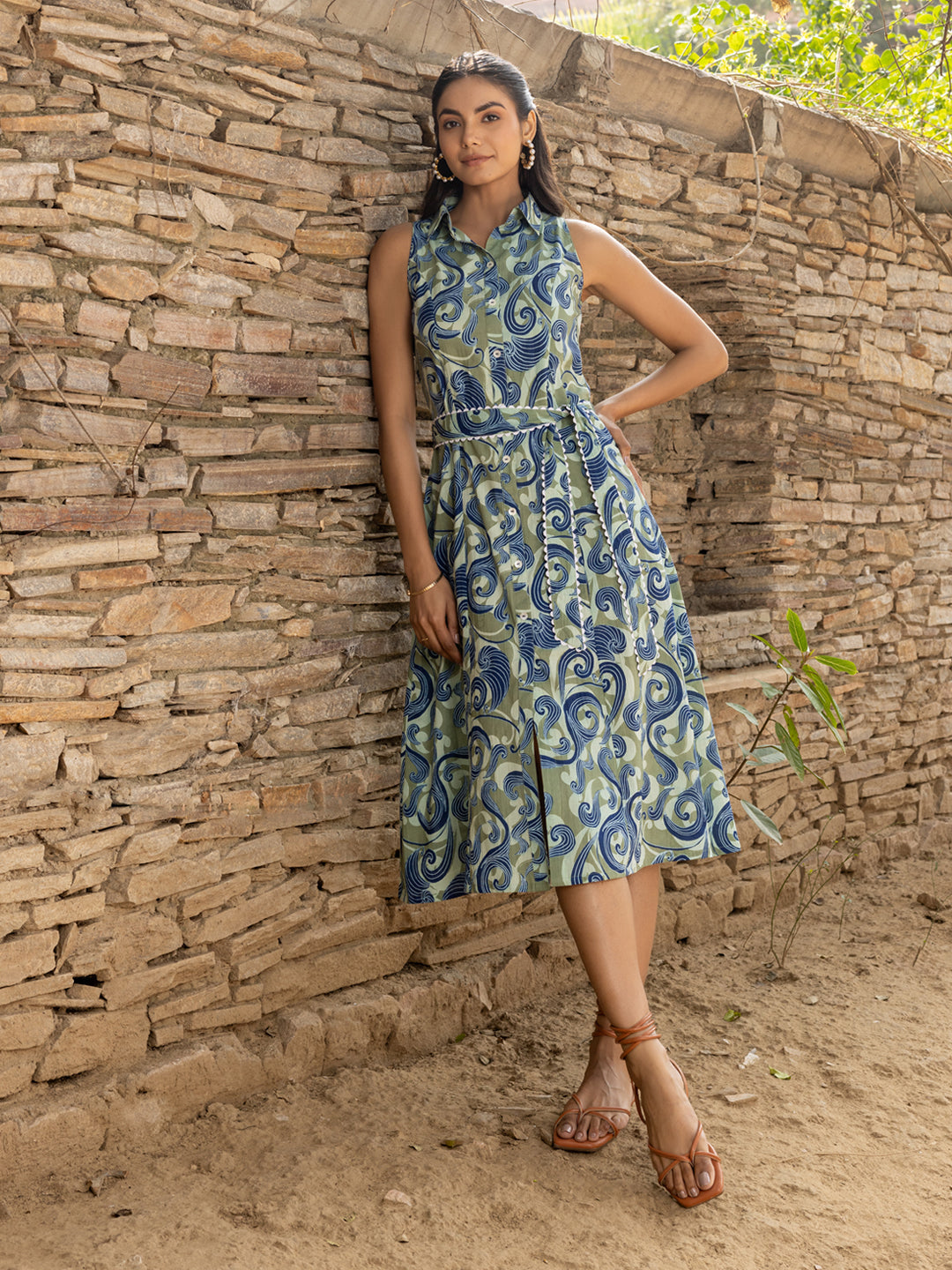 Olive-Green-Cotton-Abstract-Print-Midi-Dress