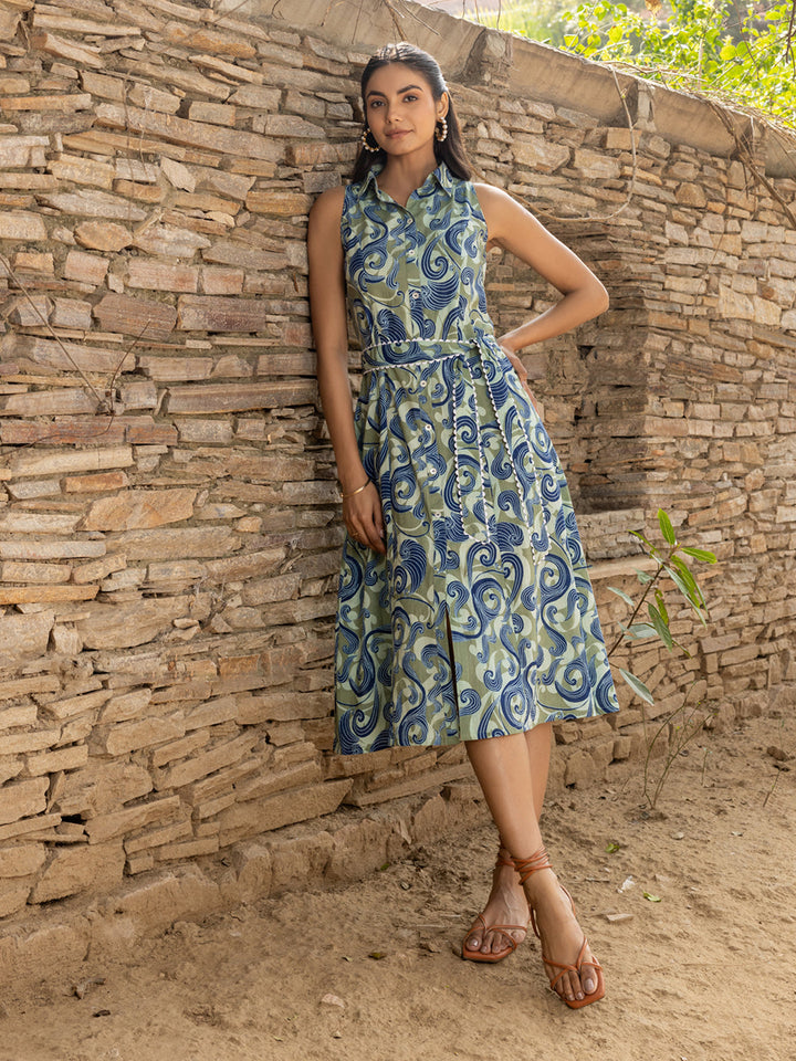 Olive-Green-Cotton-Abstract-Print-Midi-Dress