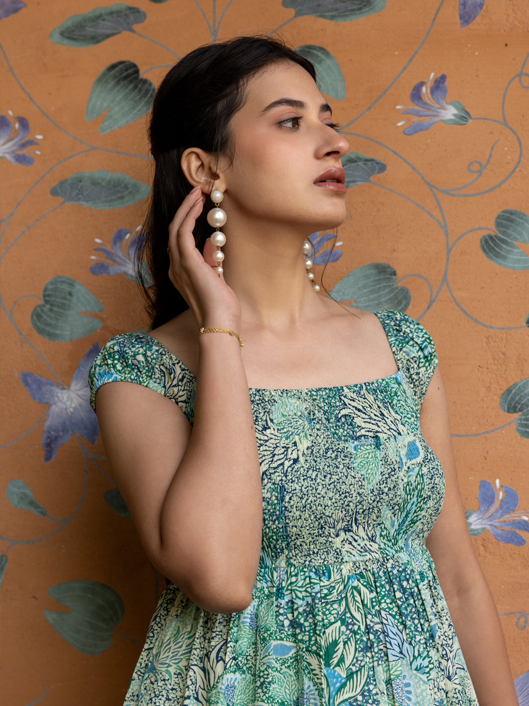 Light-Green-Cotton-Leaf-Print-Midi-Dress