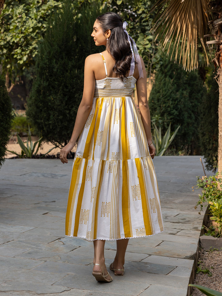 White-&-Mustard-Cotton-Striped-Midi-Dress