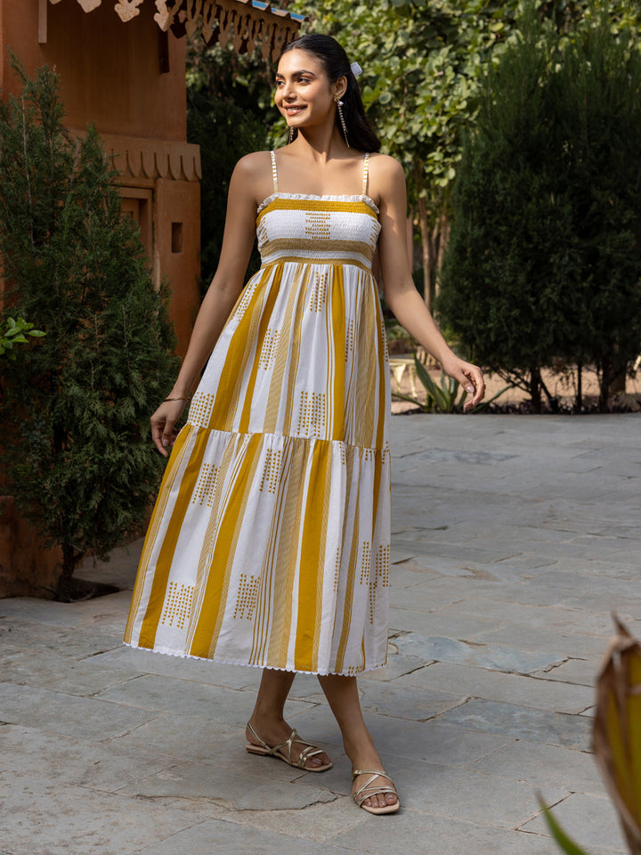 White-&-Mustard-Cotton-Striped-Midi-Dress