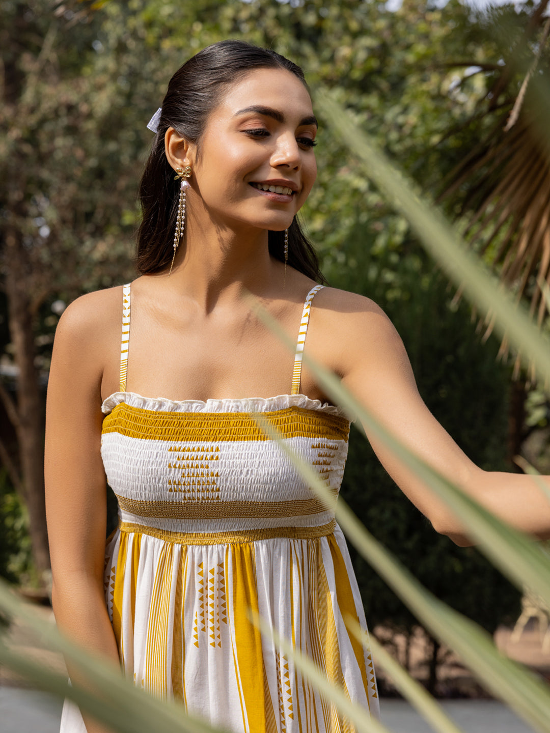 White-&-Mustard-Cotton-Striped-Midi-Dress