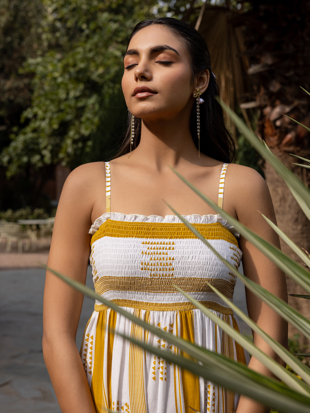 White-&-Mustard-Cotton-Striped-Midi-Dress