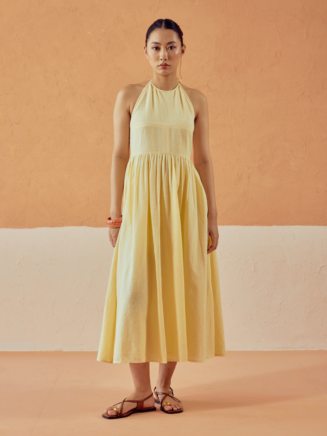 Light Yellow Solid Linen Midi Dress