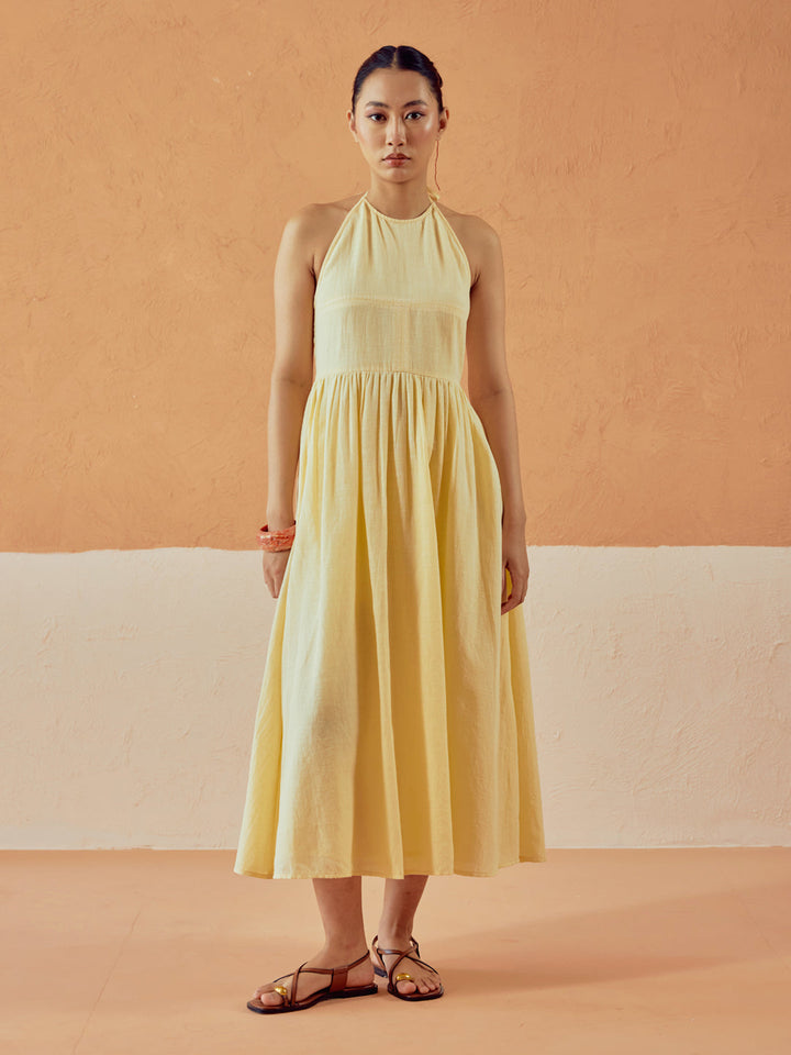 Light Yellow Solid Linen Midi Dress