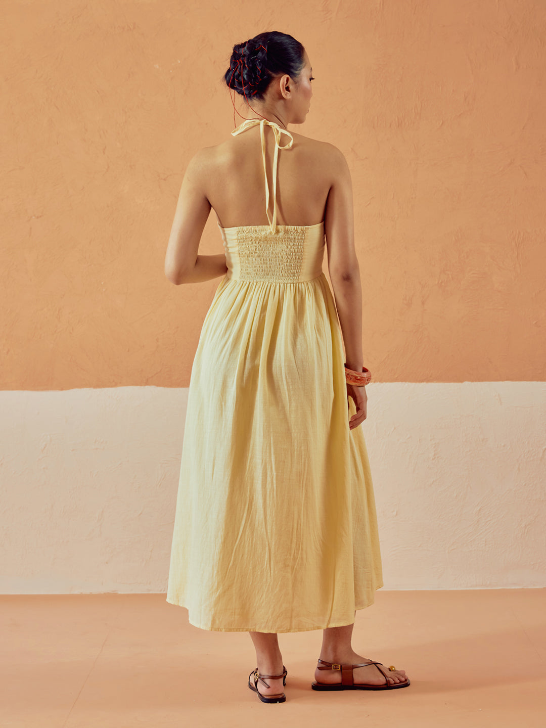 Light Yellow Solid Linen Midi Dress
