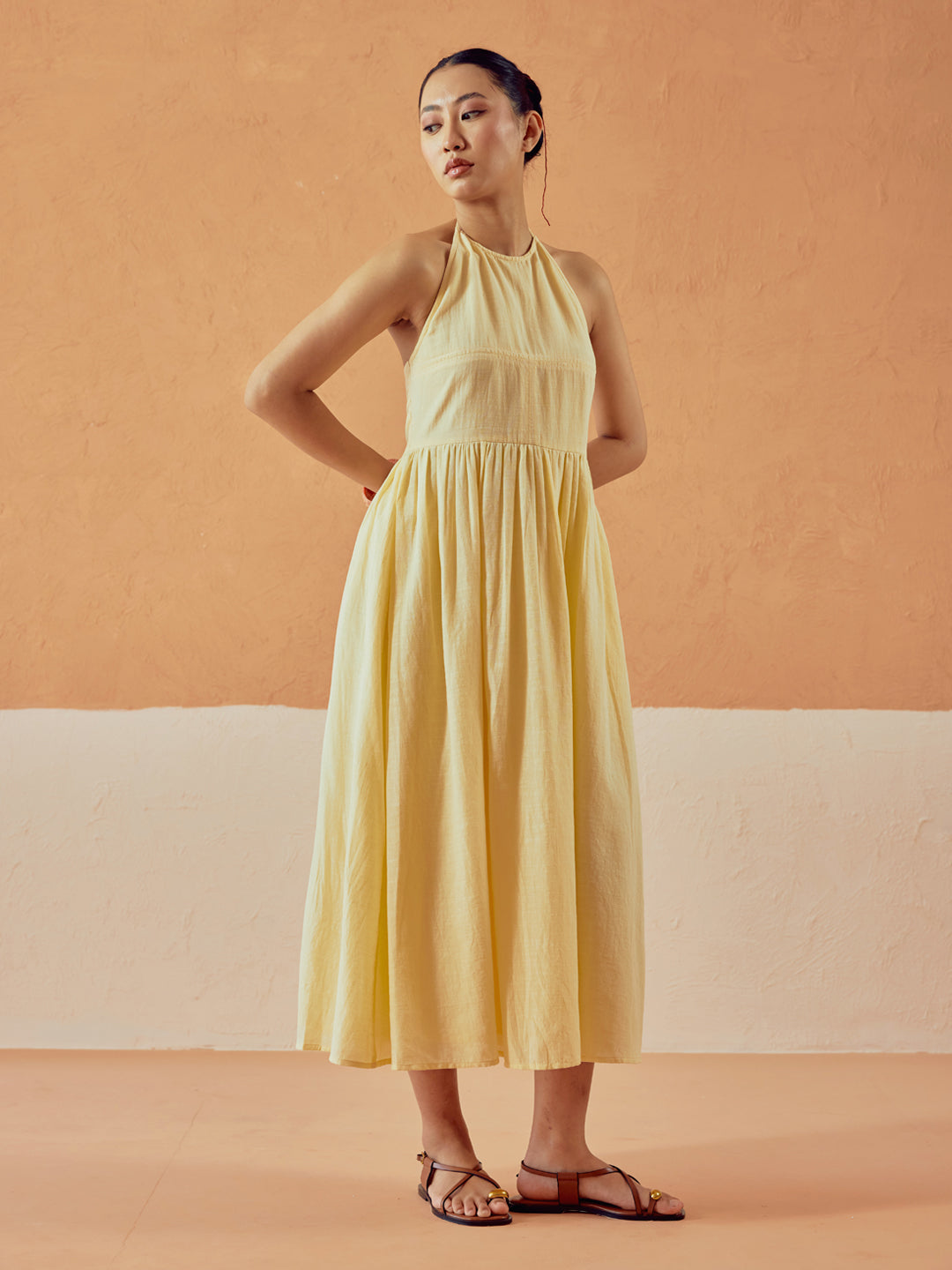Light Yellow Solid Linen Midi Dress