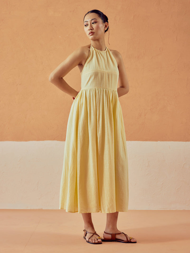 Light Yellow Solid Linen Midi Dress