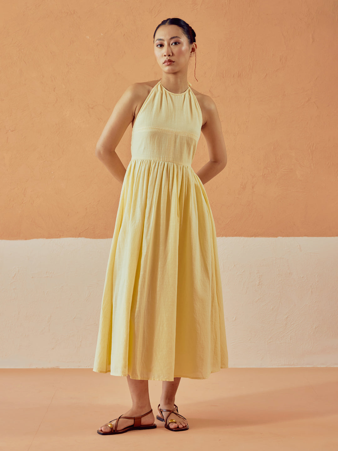 Light Yellow Solid Linen Midi Dress