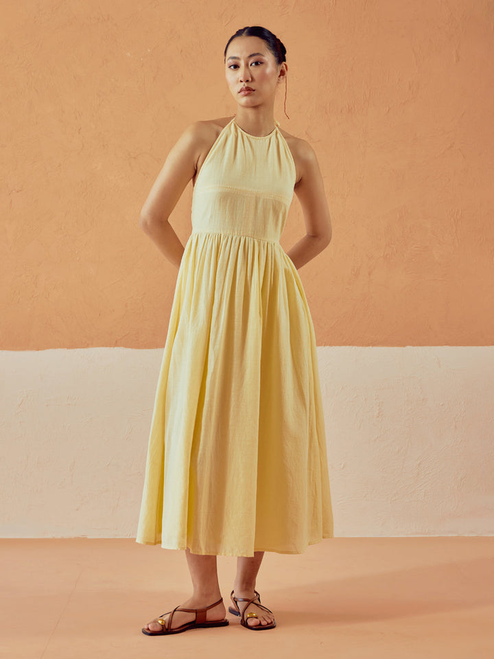 Light Yellow Solid Linen Midi Dress