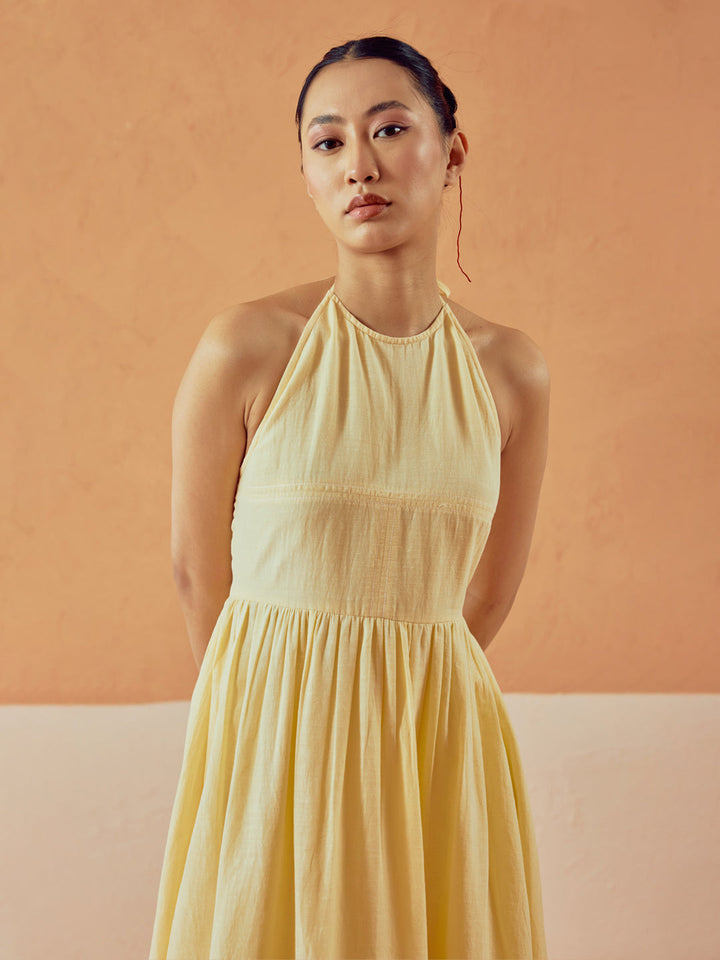 Light Yellow Solid Linen Midi Dress
