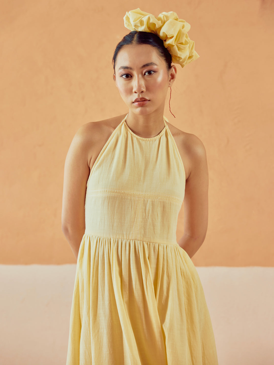 Light Yellow Solid Linen Midi Dress