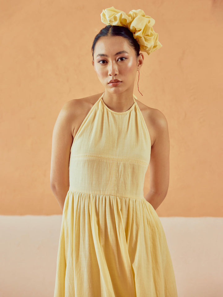 Light Yellow Solid Linen Midi Dress
